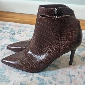 Nine West Ankle Boots Womens 10M Brown Croc Embossed Stiletto Heel Side Zip Chic